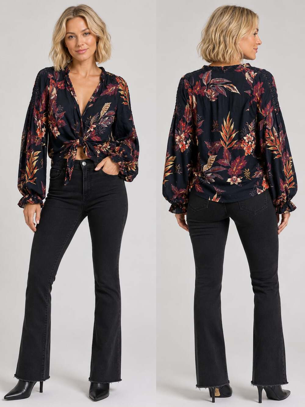 Patrons of Peace Long Sleeve Floral Print Tie Front Boho Blouse
M96
